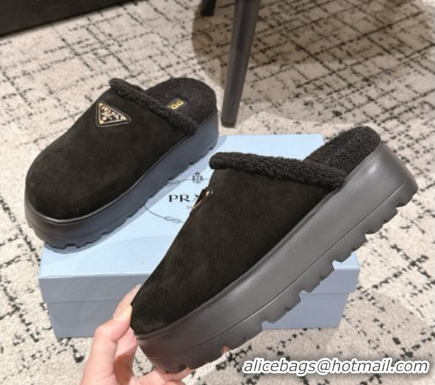 Best Product Prada Suede and Shearling Platform Mules 4cm Black 2025 PR102702 1027022