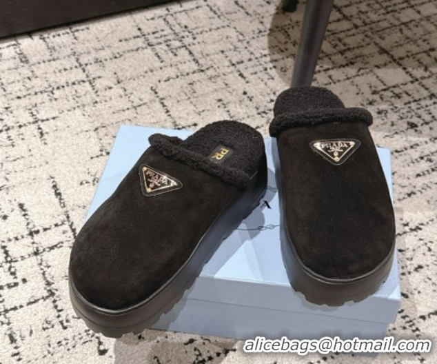 Best Product Prada Suede and Shearling Platform Mules 4cm Black 2025 PR102702 1027022