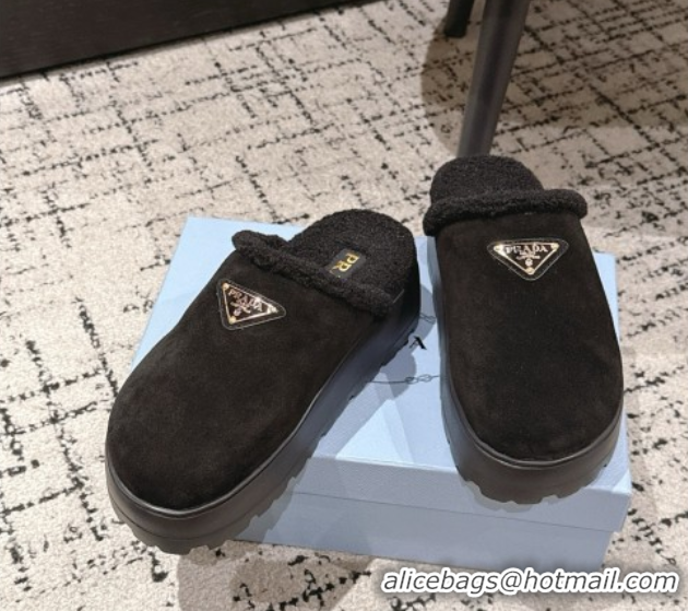 Best Product Prada Suede and Shearling Platform Mules 4cm Black 2025 PR102702 1027022