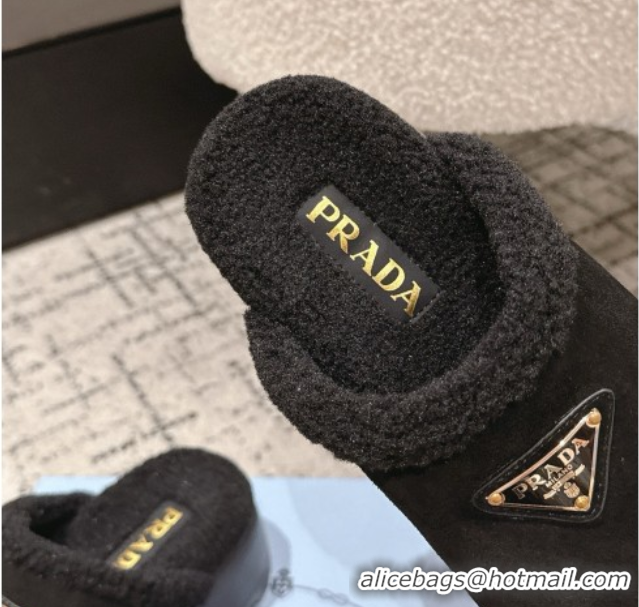 Best Product Prada Suede and Shearling Platform Mules 4cm Black 2025 PR102702 1027022
