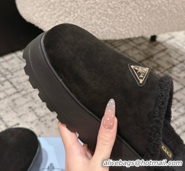Best Product Prada Suede and Shearling Platform Mules 4cm Black 2025 PR102702 1027022