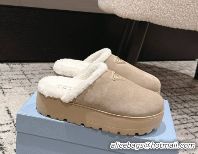 Hot Style Prada Suede and Shearling Platform Mules 4cm Taupe 2025 PR102702 1027023