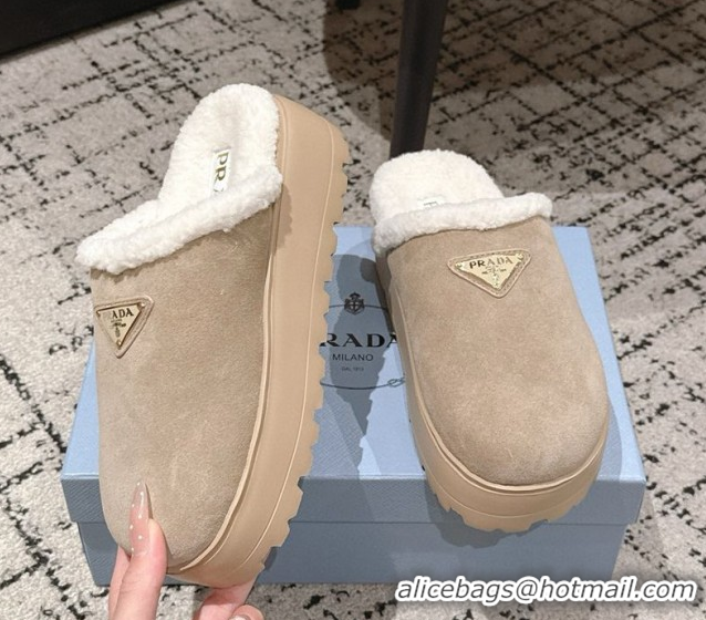 Hot Style Prada Suede and Shearling Platform Mules 4cm Taupe 2025 PR102702 1027023