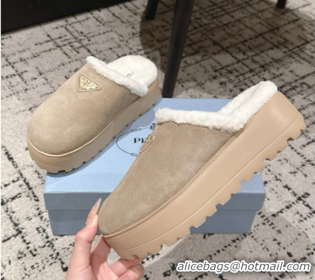 Hot Style Prada Suede and Shearling Platform Mules 4cm Taupe 2025 PR102702 1027023