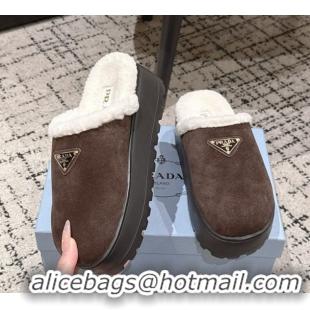 Shop Duplicate Prada Suede and Shearling Platform Mules 4cm Dark Brown 2025 PR102702 1027024