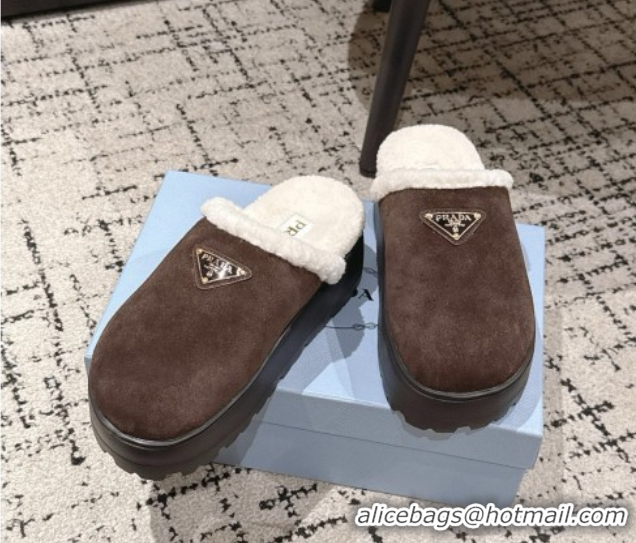 Shop Duplicate Prada Suede and Shearling Platform Mules 4cm Dark Brown 2025 PR102702 1027024