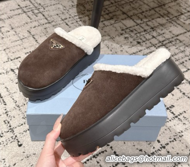 Shop Duplicate Prada Suede and Shearling Platform Mules 4cm Dark Brown 2025 PR102702 1027024