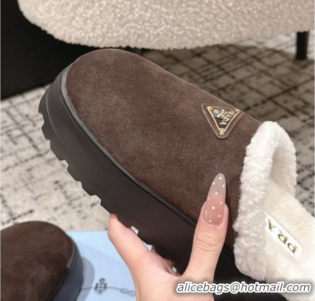 Shop Duplicate Prada Suede and Shearling Platform Mules 4cm Dark Brown 2025 PR102702 1027024