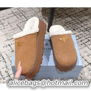 Luxury Discount Prada Suede and Shearling Platform Mules 4cm Brown2 2025 PR102702 1027025