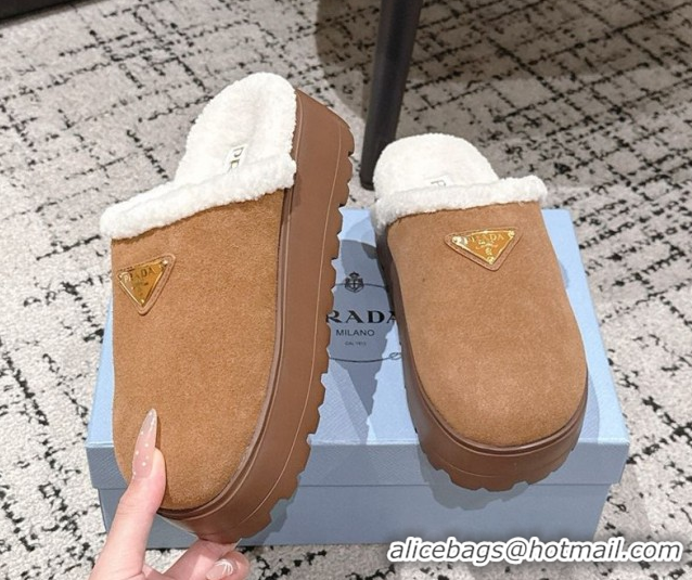 Luxury Discount Prada Suede and Shearling Platform Mules 4cm Brown2 2025 PR102702 1027025