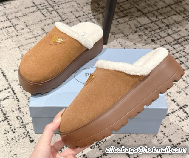 Luxury Discount Prada Suede and Shearling Platform Mules 4cm Brown2 2025 PR102702 1027025