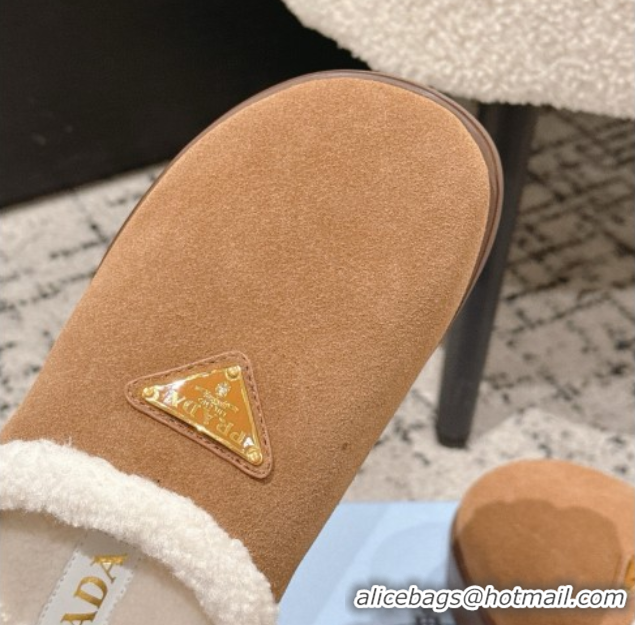 Luxury Discount Prada Suede and Shearling Platform Mules 4cm Brown2 2025 PR102702 1027025