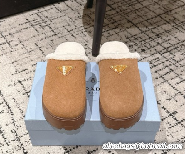 Luxury Discount Prada Suede and Shearling Platform Mules 4cm Brown2 2025 PR102702 1027025