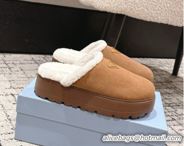 Luxury Discount Prada Suede and Shearling Platform Mules 4cm Brown2 2025 PR102702 1027025