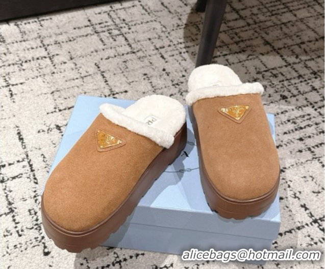 Luxury Discount Prada Suede and Shearling Platform Mules 4cm Brown2 2025 PR102702 1027025