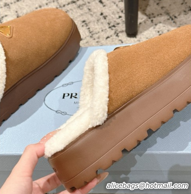 Luxury Discount Prada Suede and Shearling Platform Mules 4cm Brown2 2025 PR102702 1027025