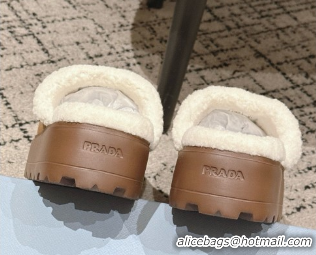 Luxury Discount Prada Suede and Shearling Platform Mules 4cm Brown2 2025 PR102702 1027025