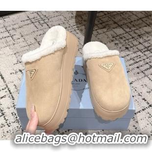 Luxury Prada Suede and Shearling Platform Mules 4cm Beige 2025 PR102702 1027026