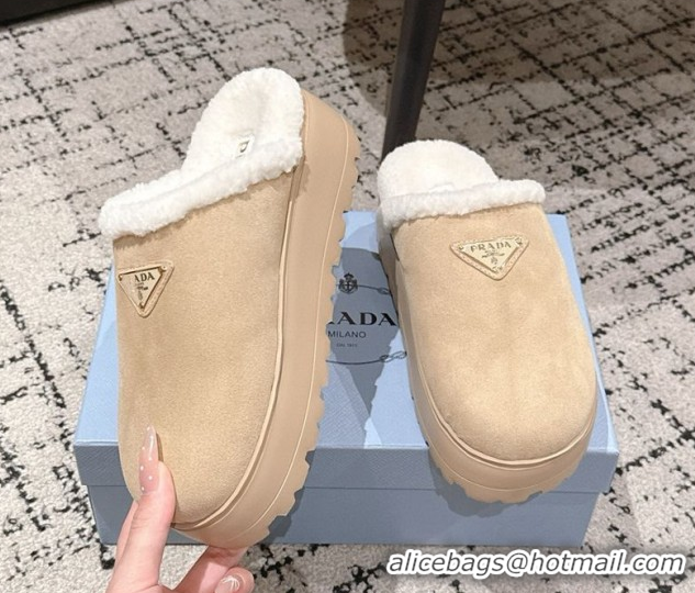 Luxury Prada Suede and Shearling Platform Mules 4cm Beige 2025 PR102702 1027026