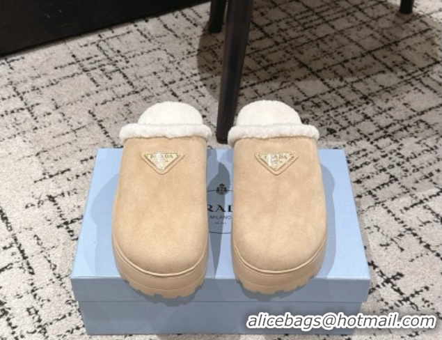 Luxury Prada Suede and Shearling Platform Mules 4cm Beige 2025 PR102702 1027026