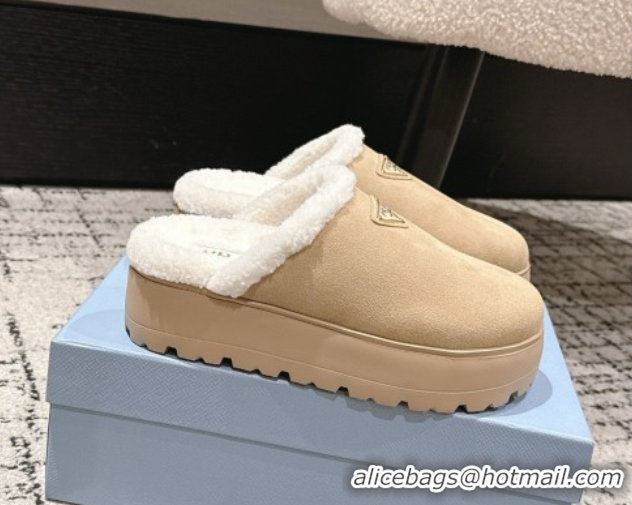 Luxury Prada Suede and Shearling Platform Mules 4cm Beige 2025 PR102702 1027026