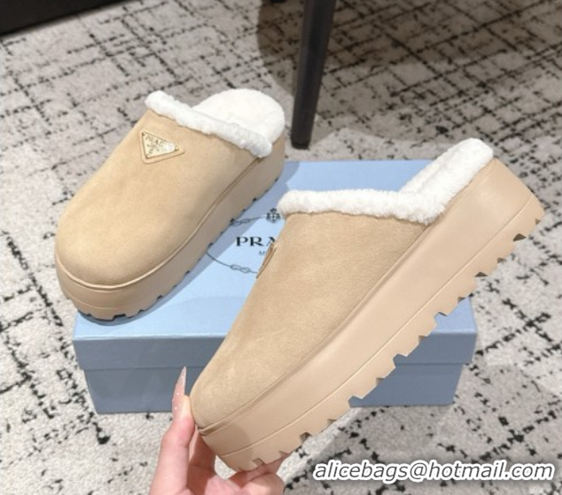 Luxury Prada Suede and Shearling Platform Mules 4cm Beige 2025 PR102702 1027026