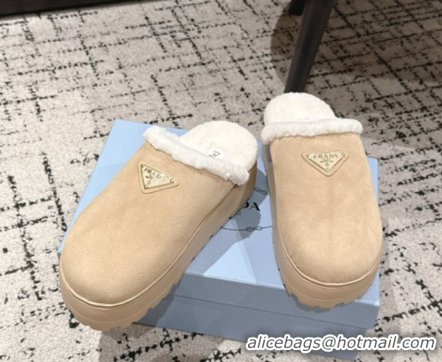 Luxury Prada Suede and Shearling Platform Mules 4cm Beige 2025 PR102702 1027026