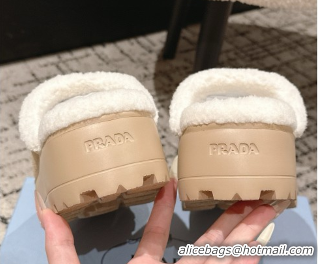 Luxury Prada Suede and Shearling Platform Mules 4cm Beige 2025 PR102702 1027026