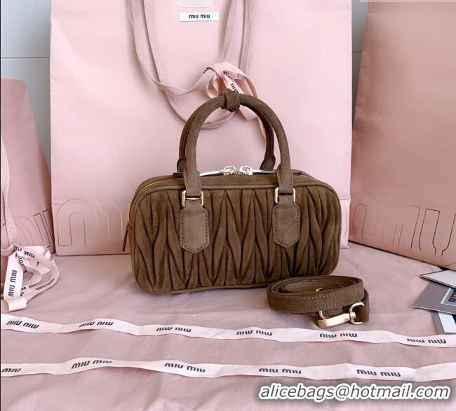 Luxury Discount Miu Miu Arcadie matelasse suede top handle bag 5BB142 Cocoa Brown 2025