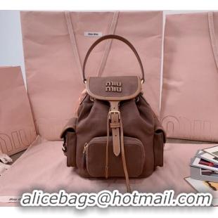 Luxury Classic Miu Miu Canvas and leather backpack bag 5BZ043 Cocoa Brown 2025
