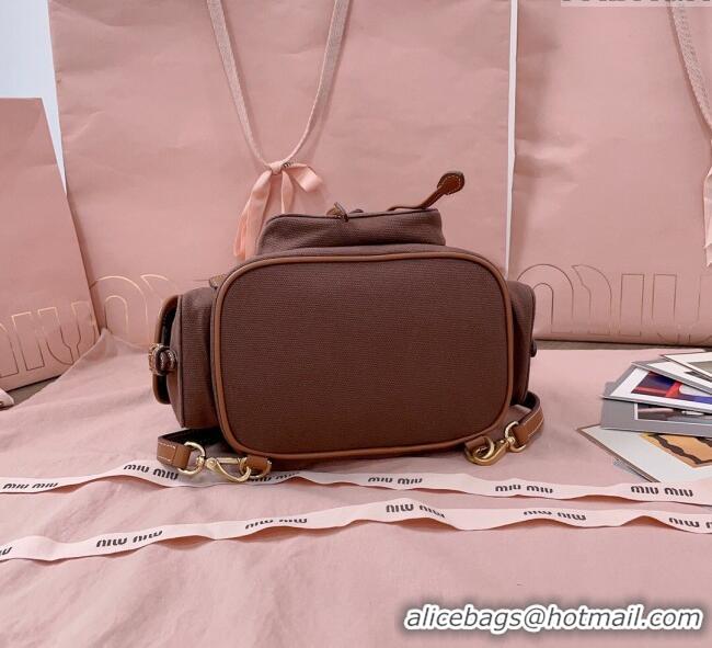 Luxury Classic Miu Miu Canvas and leather backpack bag 5BZ043 Cocoa Brown 2025
