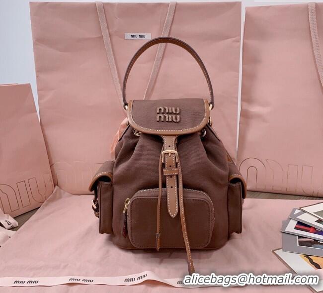 Luxury Classic Miu Miu Canvas and leather backpack bag 5BZ043 Cocoa Brown 2025