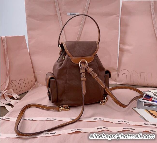 Luxury Classic Miu Miu Canvas and leather backpack bag 5BZ043 Cocoa Brown 2025