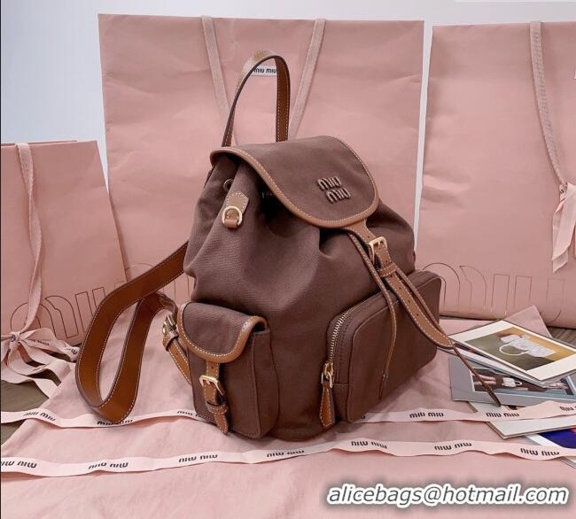Top Grade Miu Miu Canvas and leather backpack bag 5BZ042 Cocoa Brown 2025
