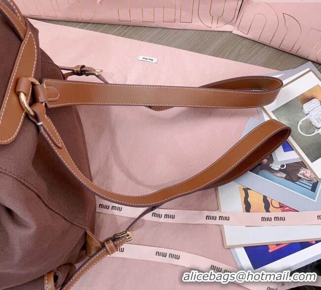 Top Grade Miu Miu Canvas and leather backpack bag 5BZ042 Cocoa Brown 2025