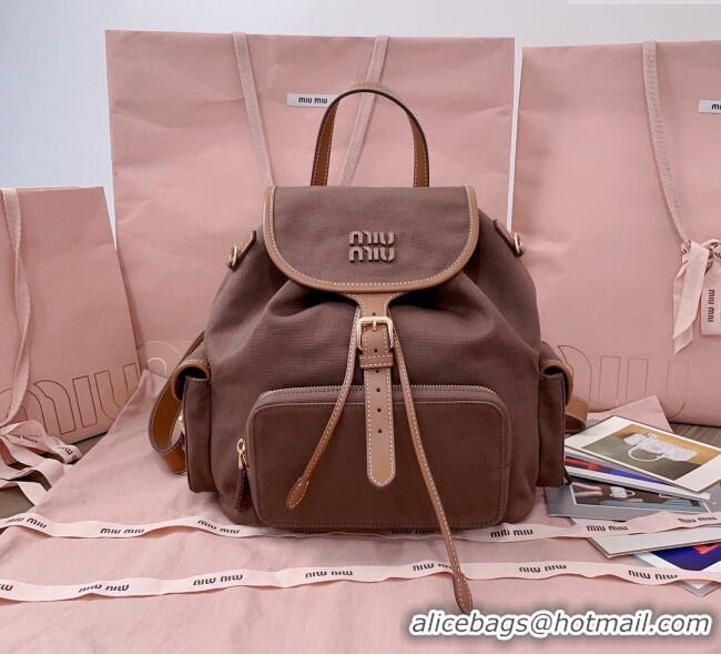 Top Grade Miu Miu Canvas and leather backpack bag 5BZ042 Cocoa Brown 2025