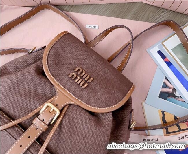Top Grade Miu Miu Canvas and leather backpack bag 5BZ042 Cocoa Brown 2025