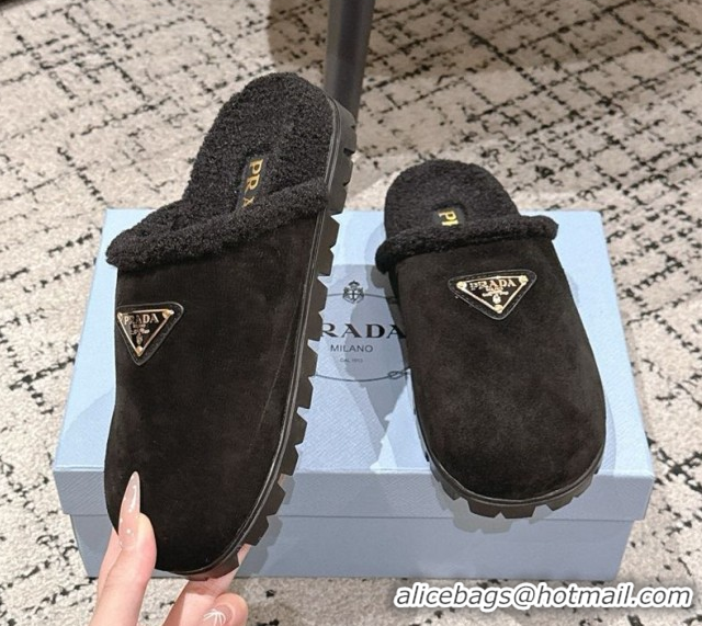 Sophisticated Prada Suede and Shearling Flat Mules Black 2025 PR102702 1027027