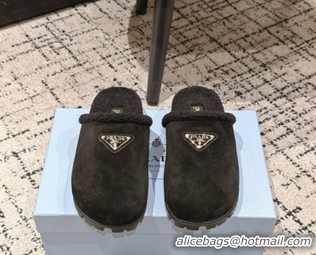 Sophisticated Prada Suede and Shearling Flat Mules Black 2025 PR102702 1027027