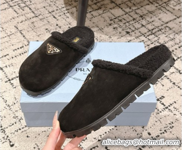 Sophisticated Prada Suede and Shearling Flat Mules Black 2025 PR102702 1027027