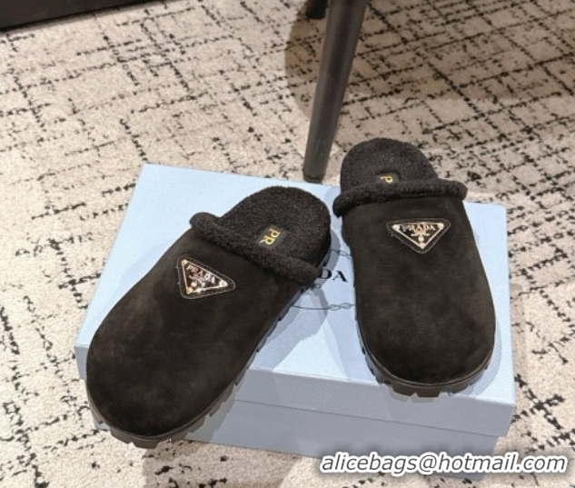 Sophisticated Prada Suede and Shearling Flat Mules Black 2025 PR102702 1027027