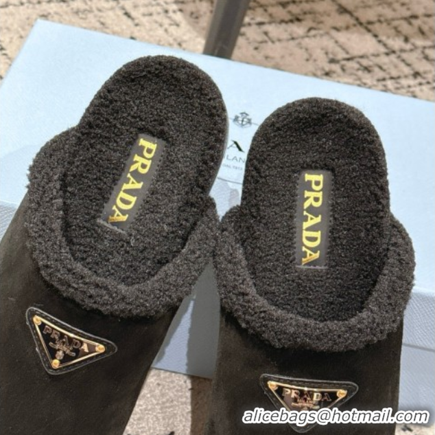 Sophisticated Prada Suede and Shearling Flat Mules Black 2025 PR102702 1027027