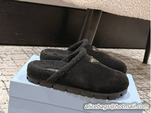 Sophisticated Prada Suede and Shearling Flat Mules Black 2025 PR102702 1027027