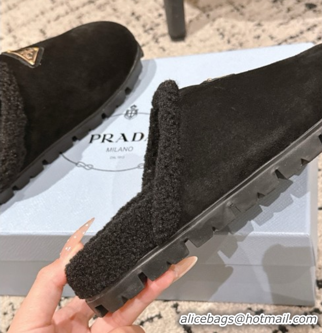Sophisticated Prada Suede and Shearling Flat Mules Black 2025 PR102702 1027027