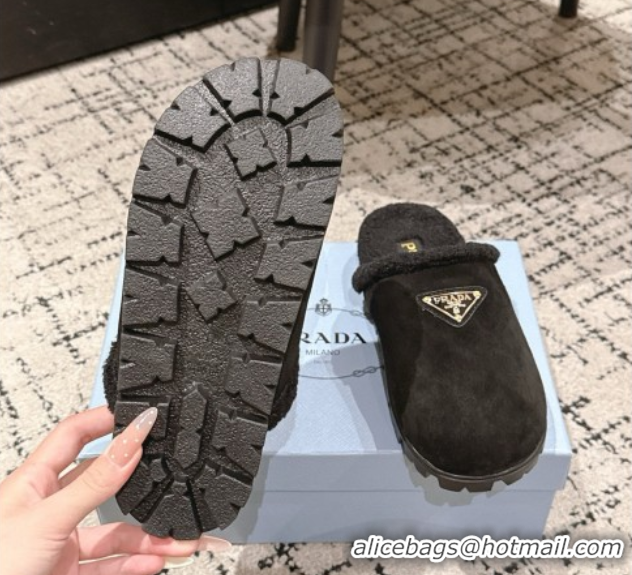 Sophisticated Prada Suede and Shearling Flat Mules Black 2025 PR102702 1027027