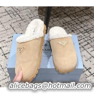 Stylish Prada Suede and Shearling Flat Mules Beige 2025 PR102702 1027028