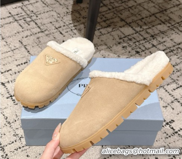 Stylish Prada Suede and Shearling Flat Mules Beige 2025 PR102702 1027028