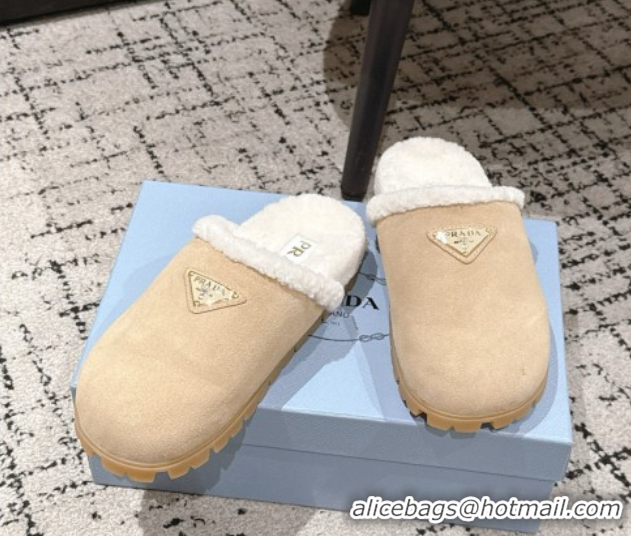 Stylish Prada Suede and Shearling Flat Mules Beige 2025 PR102702 1027028