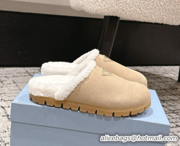 Stylish Prada Suede and Shearling Flat Mules Beige 2025 PR102702 1027028
