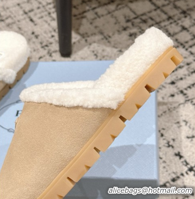 Stylish Prada Suede and Shearling Flat Mules Beige 2025 PR102702 1027028